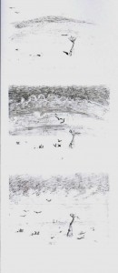 Croquis du haut vers le bas « ¼ d’h avant la tornade » - « pendant » - « après » - JX1953