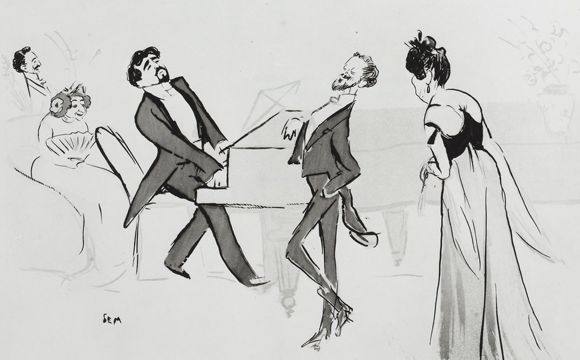 Une soirée dans le salon de l'artiste peintre Madeleine Lemaire, avec Reynaldo Hahn au piano. Dessin de l'illustrateur et chroniqueur mondain Georges Goursat (dit Sem).,