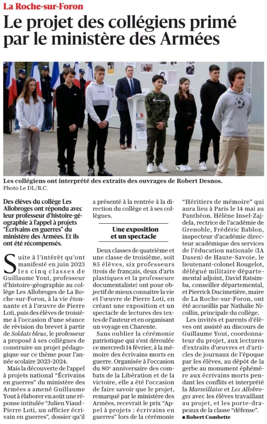 2024-2-17 Dauphiné Libéré Projet Ecrivains en guerre primé